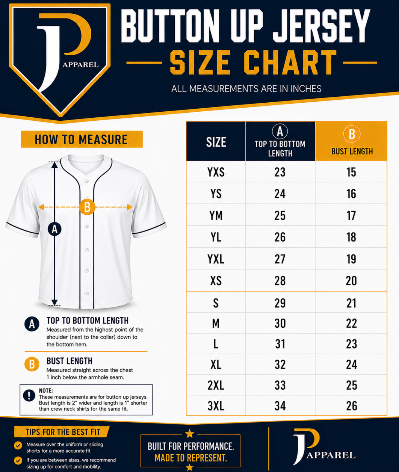 Button Up Jersey Size Chart